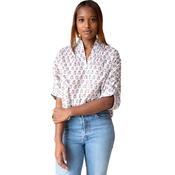 Emerson Fry Mandarin Collar Top Rosey Flowers Organic Cotton Made in India O/S - Picture 3 of 16